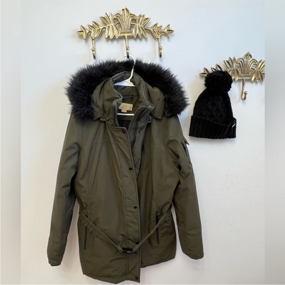 Michael kors Chic Green Parka with Black Faux Fur Hood
